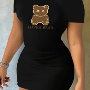 Women's Fashion High Quality Short Sleeve Loose Spor summer LOVER BEAR print short sleeved round neck loose casual T-shirt dress