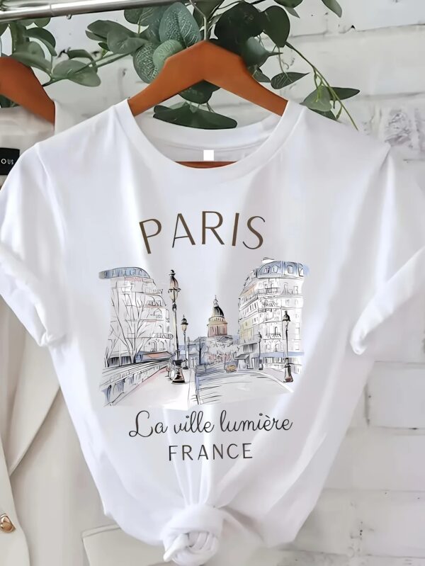 Paris Women Print T-shirt Girl Short Sleeve Crew Neck Casual Top for Summer & Spring, Women's Clothing - Image 2