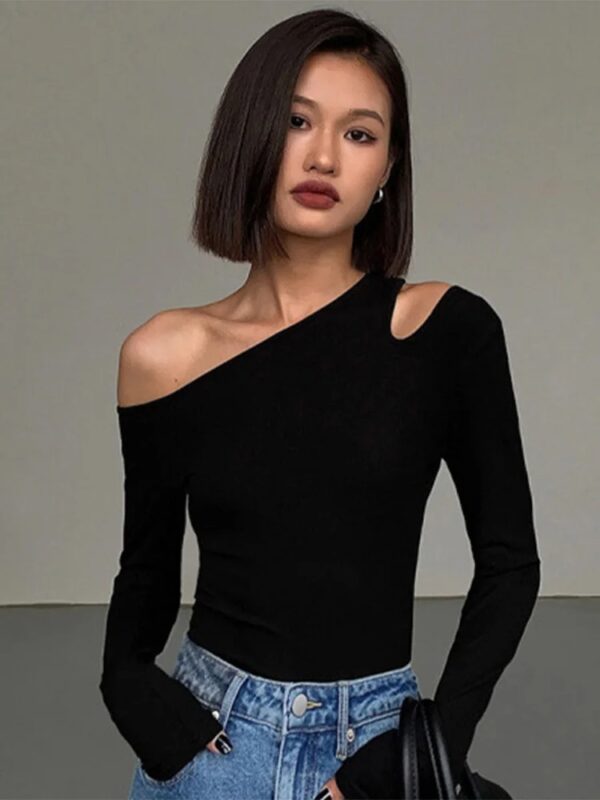 Fashion Skew Collar Off-shoulder Long-sleeved T-shirts Women Spring New Solid Slim Fit Crop Top Sexy Hollow Out Tees Shirts - Image 2