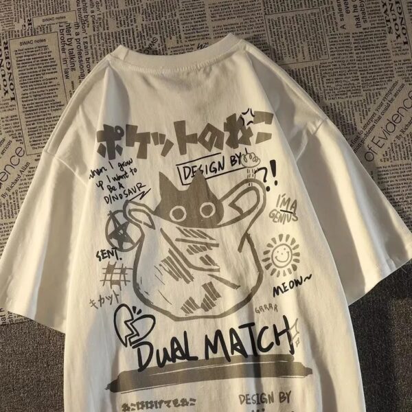 Summer Japanese Retro Pocket Cat Cartoon Printed Short Sleeve T-shirt Male Female Couples Unisex College Style Oversized Top - Image 2