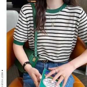 2025 Stripe Tops Women Knitted Round Collar Summer Print Short Sleeve Casual Simple Wild T-Shirt