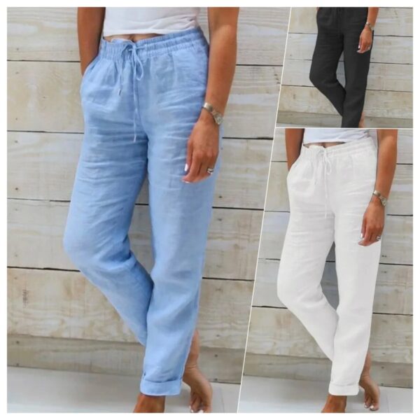 Cotton Linen Summer Pants for Women High Waist Elastic Casual Trousers Streetwear Solid Female Clothes 2025 Loose Pencil Pants - Image 2