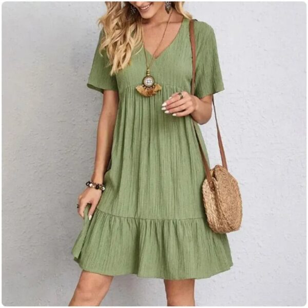 Women Summer Peplum Dresses Spring V-Neck Short Sleeve Loose Waist Ruffle Fit Flare Vocation Dresses - Image 8