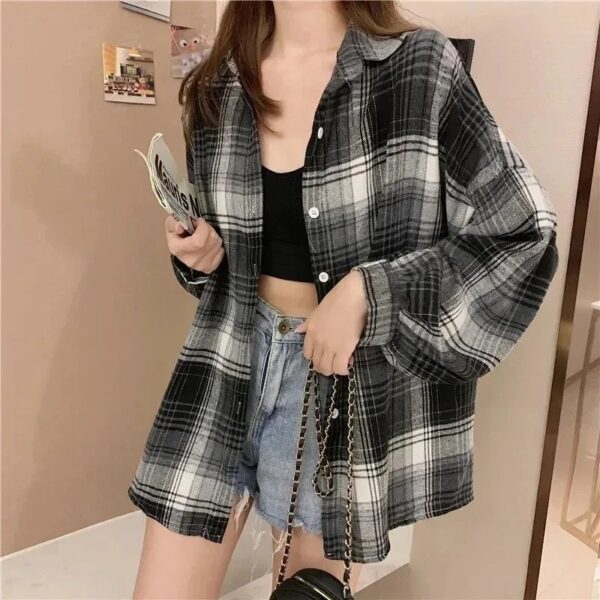 Plaid Shirt Women Fashion Autumn Long Sleeve Top Female Vintage Single Breasted Blouse Ladies Preppy Style Loose Check Shirts - Image 2