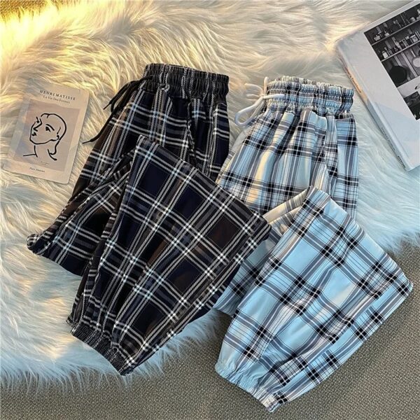 Pants Women New Bunch of feet Fashion Loose Black Plaid Summer Harajuku Students Streetwear Harem Long Trousers Womens Chic - Image 2
