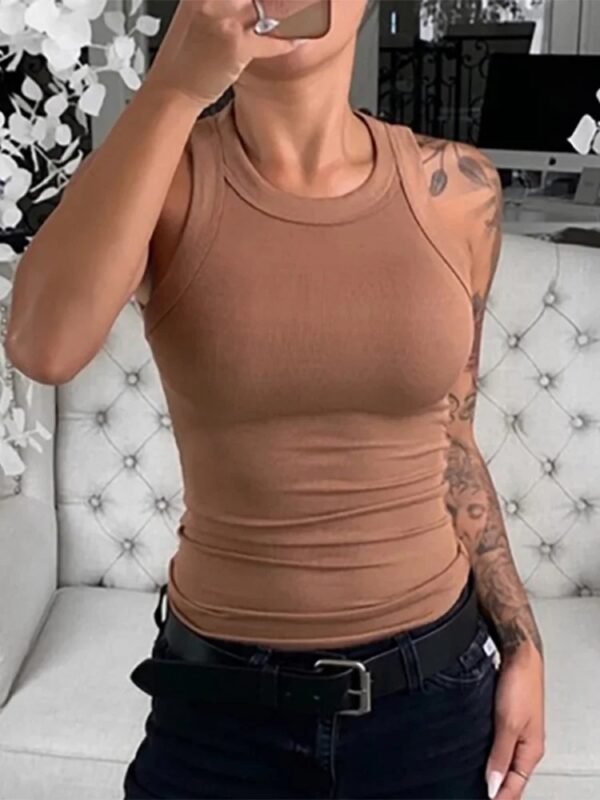 Women Solid Round Neck Ribbed Tank Top Camisole Women Summer Basic Elastic Tank Top O Neck Solid Tank Top - Image 3