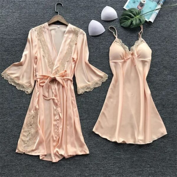 2PCS Female Lace Pajamas Set Satin Home Pyjamamas Lace Robe Sleep Suit V-Neck Wedding Nightwear Silk Dress Women Sleepwear - Image 4