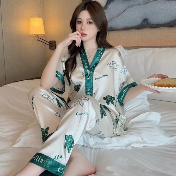 Ladies Silk Pajama Button up Top and Pants Women's Sleepwear Homewear Two-Piece Set V-Neck Printed Luxury Nightwear Loungewear - Image 5
