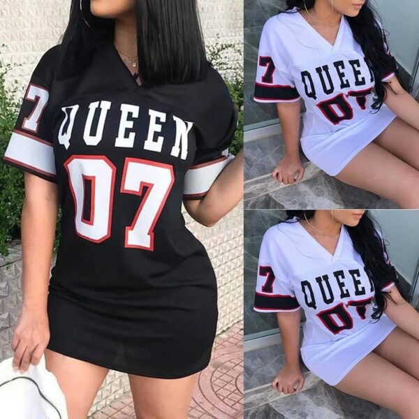 New Fashion V-Neck Queen Letters Print Dress Short Sleeve Basketball Sporty Style Sexy Loose Female Clothing Streetwear - Image 9
