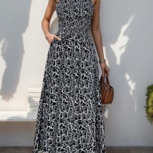 2025 Summer New Women's Vacation Casual Random Printed Suspenders Long Skirt with Pockets Polyester Pullover Basic