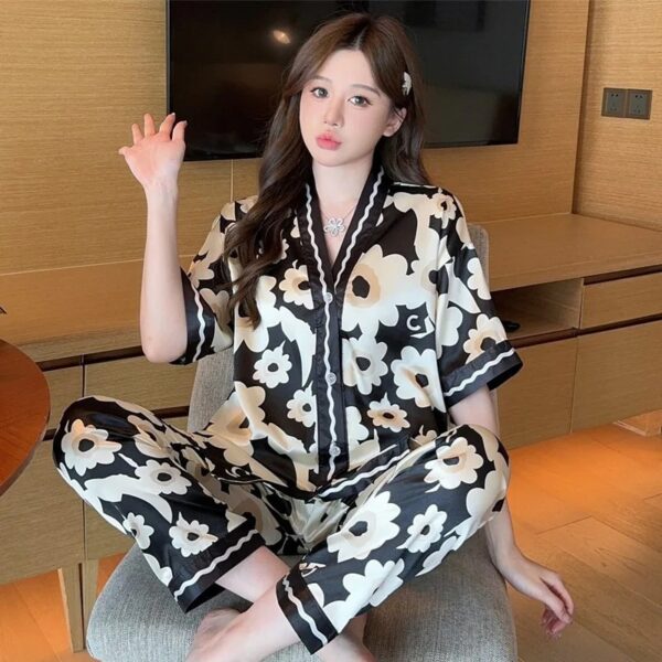 Ladies Silk Pajama Button up Top and Pants Women's Sleepwear Homewear Two-Piece Set V-Neck Printed Luxury Nightwear Loungewear - Image 2