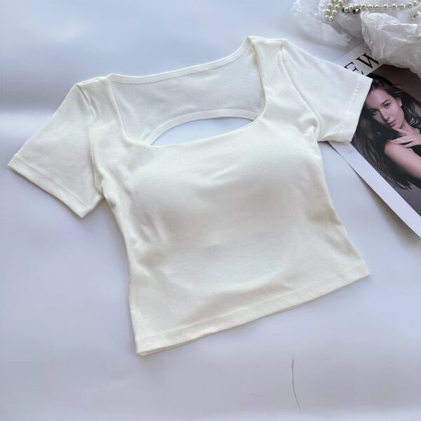 T-shirt Woman clothing Square Neckline tops Short Sleeve crop top with bras for women girls sexy street wear Backless top tees - Image 6