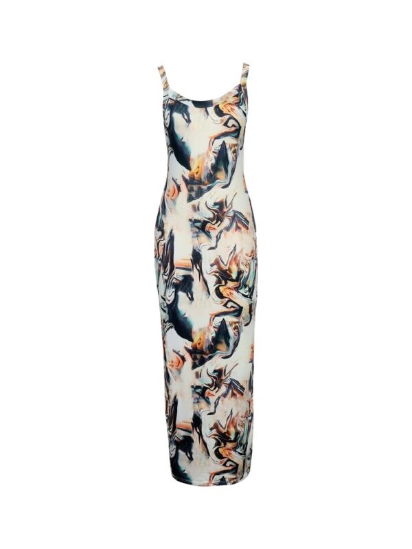 Plus Size 2025 Summer New Elegant Random Printed Polyester Natural High Elastic Tight Sleeveless Hip Dresses Dresses - Image 5