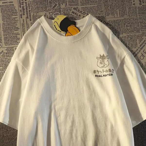 Summer Japanese Retro Pocket Cat Cartoon Printed Short Sleeve T-shirt Male Female Couples Unisex College Style Oversized Top - Image 3