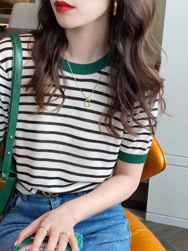 2025 Stripe Tops Women Knitted Round Collar Summer Print Short Sleeve Casual Simple Wild T-Shirt - Image 5