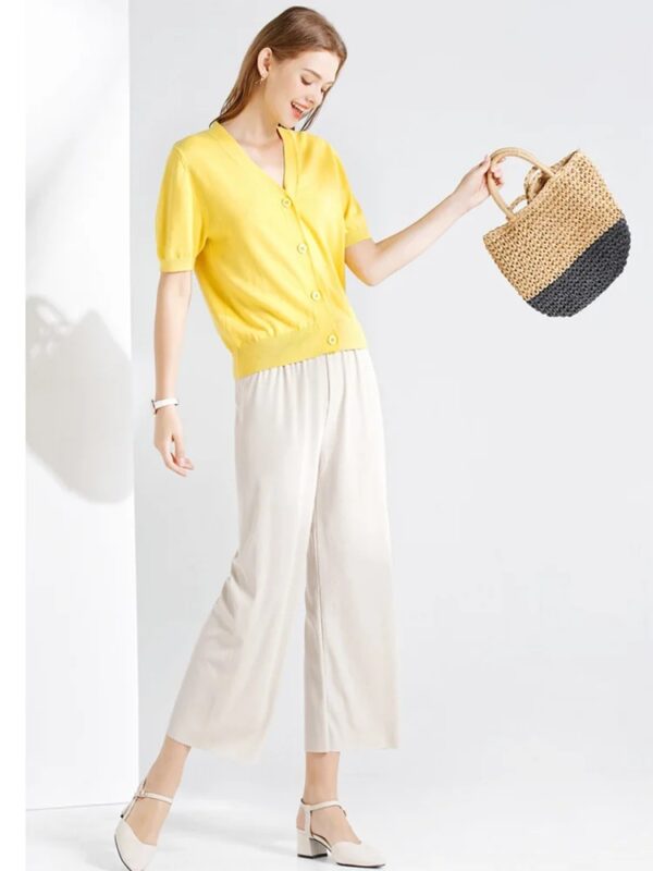 Women Ankle-Length Wide Leg Pants Casual Summer Solid Elastic Waist Loose Ice Silk Pants Spring Summer Female Trousers - Image 2