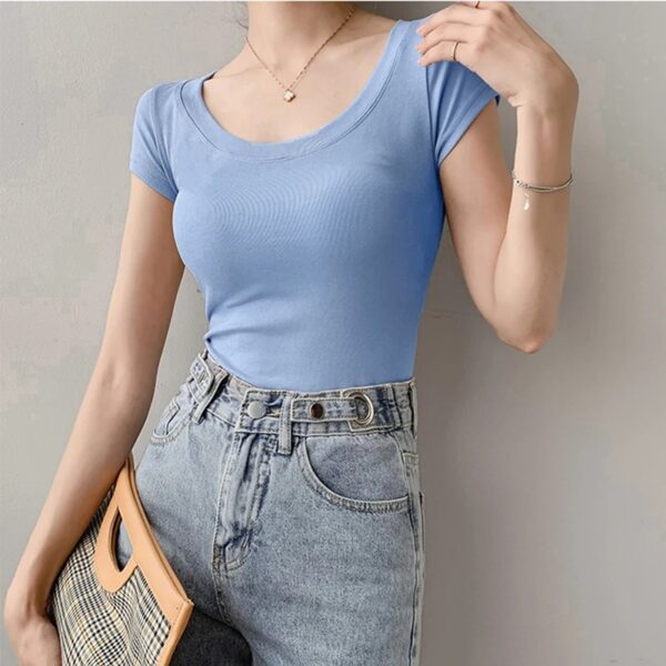 100% Cotton T Shirt Women Summer New Slim Solid Basic Tees Casual Tshirt Korean O Neck - Image 5