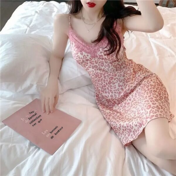 Pink Leopard Print Sexy Lace Nightgown Sleepwear V-neck Sleeveless Summer Shirt Homewear For Women 2025 New Arrival