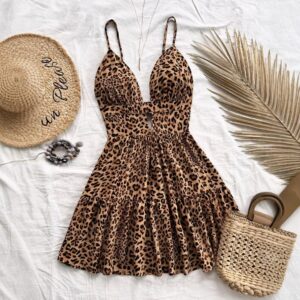 4-Color Leopard Printed Sexy Camisole Dress Women Sleeveless Backless Mini Dress Summer Vacation Dresses