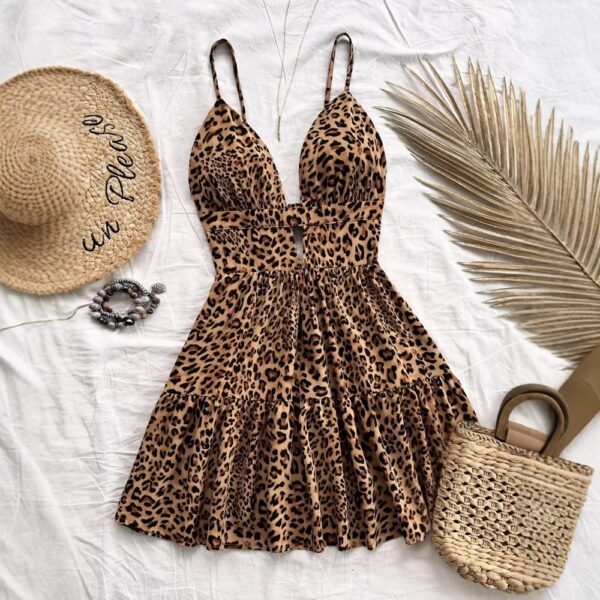 4-Color Leopard Printed Sexy Camisole Dress Women Sleeveless Backless Mini Dress Summer Vacation Dresses