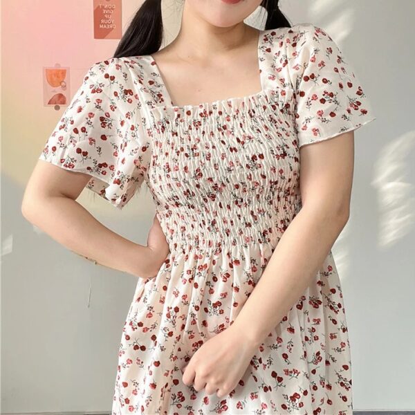 Spring Summer Chiffon Dress Women Casual Dresses Female Elastic Waist Short Sleeve Printed Floral Midi A-Line Dresses Vestidos - Image 6