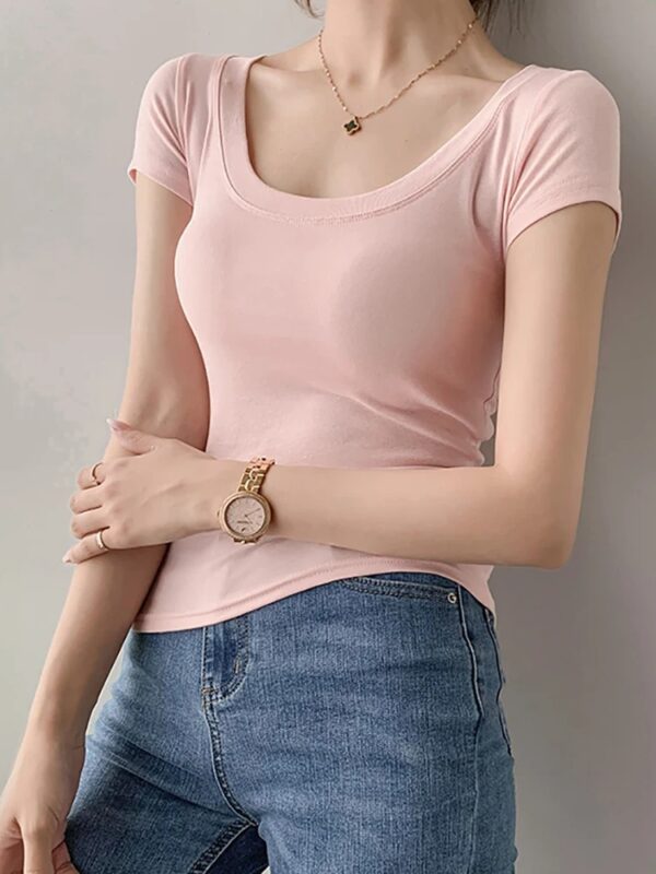 100% Cotton T Shirt Women Summer New Slim Solid Basic Tees Casual Tshirt Korean O Neck - Image 2