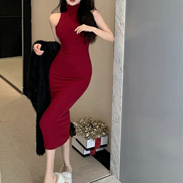 Summer Women Sexy Slim Turtleneck Sleeveless Dresses Female Vestidos Tank Dress Woman Skinny Elastic Culb Pencil Dresses - Image 3