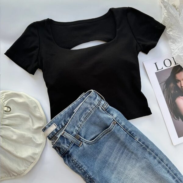 T-shirt Woman clothing Square Neckline tops Short Sleeve crop top with bras for women girls sexy street wear Backless top tees - Image 2