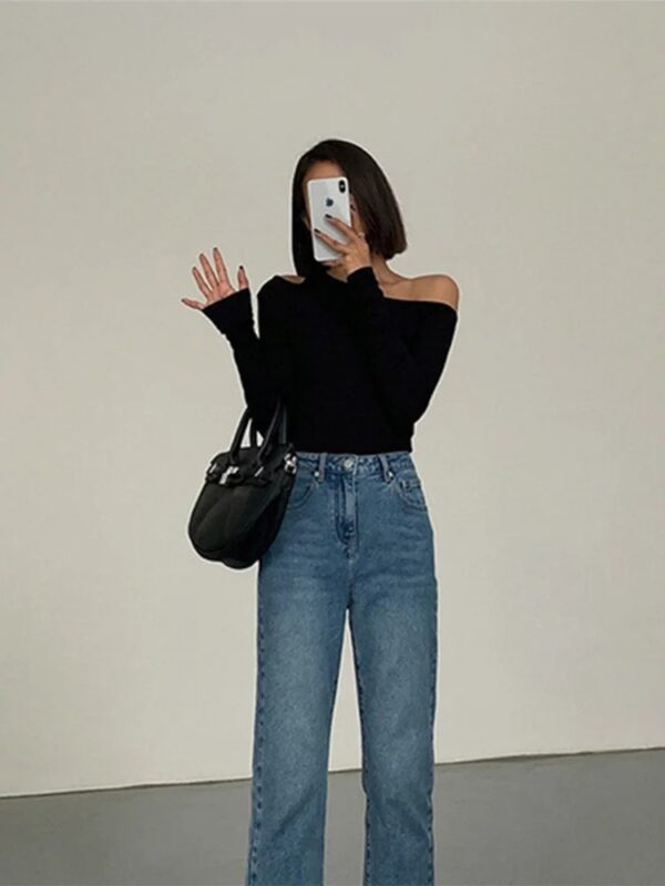 Fashion Skew Collar Off-shoulder Long-sleeved T-shirts Women Spring New Solid Slim Fit Crop Top Sexy Hollow Out Tees Shirts - Image 3