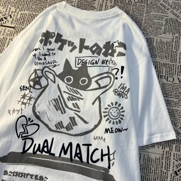 Summer Japanese Retro Pocket Cat Cartoon Printed Short Sleeve T-shirt Male Female Couples Unisex College Style Oversized Top - Image 4
