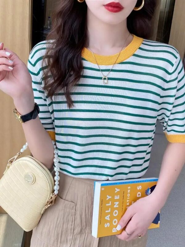 2025 Stripe Tops Women Knitted Round Collar Summer Print Short Sleeve Casual Simple Wild T-Shirt - Image 4