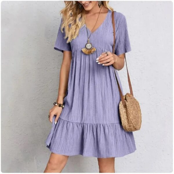 Women Summer Peplum Dresses Spring V-Neck Short Sleeve Loose Waist Ruffle Fit Flare Vocation Dresses - Image 6