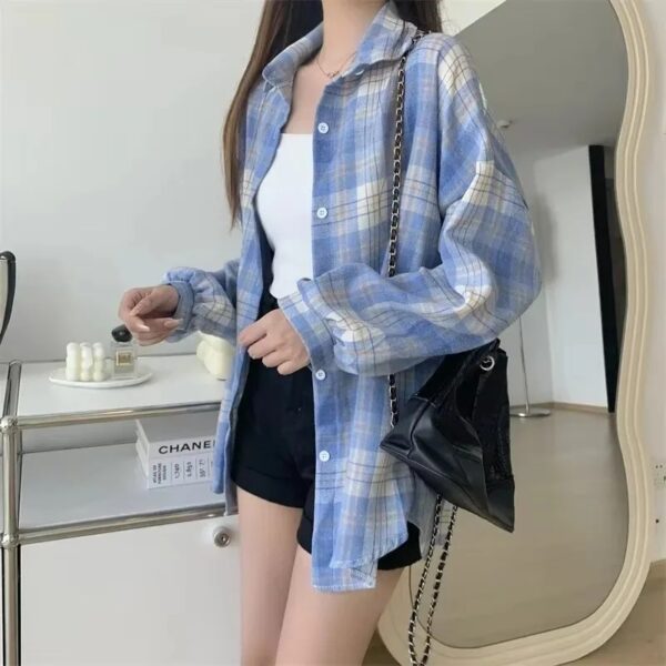 Plaid Shirt Women Fashion Autumn Long Sleeve Top Female Vintage Single Breasted Blouse Ladies Preppy Style Loose Check Shirts - Image 3