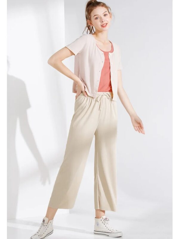 Women Ankle-Length Wide Leg Pants Casual Summer Solid Elastic Waist Loose Ice Silk Pants Spring Summer Female Trousers - Image 3