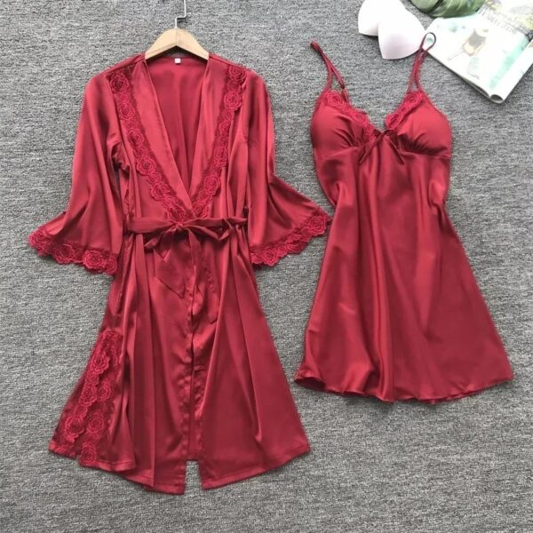 2PCS Female Lace Pajamas Set Satin Home Pyjamamas Lace Robe Sleep Suit V-Neck Wedding Nightwear Silk Dress Women Sleepwear - Image 3