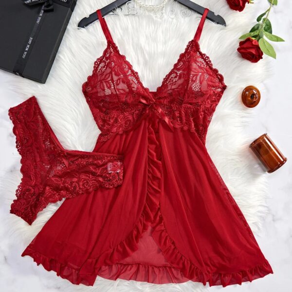 Tulle Suspenders Exquisite Women's Lencerias Lace V-Neck Underwear Semi-transparent Thong Dress Set Lingerie Nightgowns - Image 3