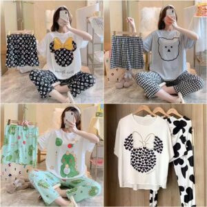3PCS/Set Women's Spring and Summer Pajamas Loose O-Neck Long-Sleeved Fashion Cute Cartoon Homewear Outside Casual Loungewear