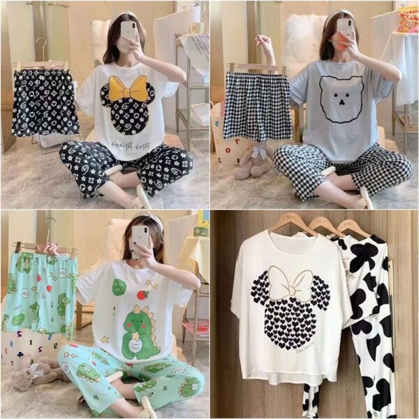 3PCS/Set Women's Spring and Summer Pajamas Loose O-Neck Long-Sleeved Fashion Cute Cartoon Homewear Outside Casual Loungewear