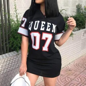 New Fashion V-Neck Queen Letters Print Dress Short Sleeve Basketball Sporty Style Sexy Loose Female Clothing Streetwear