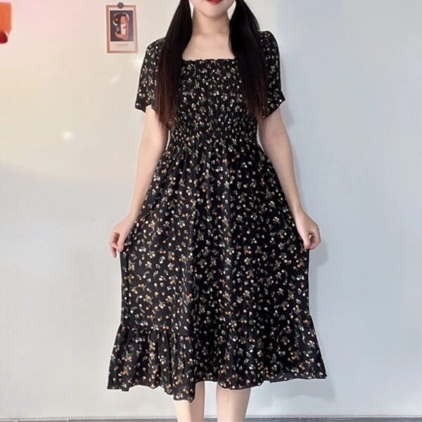 Spring Summer Chiffon Dress Women Casual Dresses Female Elastic Waist Short Sleeve Printed Floral Midi A-Line Dresses Vestidos - Image 5
