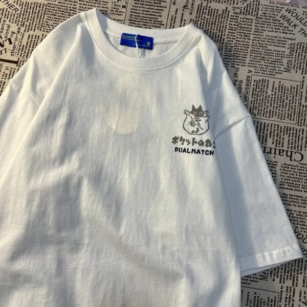 Summer Japanese Retro Pocket Cat Cartoon Printed Short Sleeve T-shirt Male Female Couples Unisex College Style Oversized Top - Image 5
