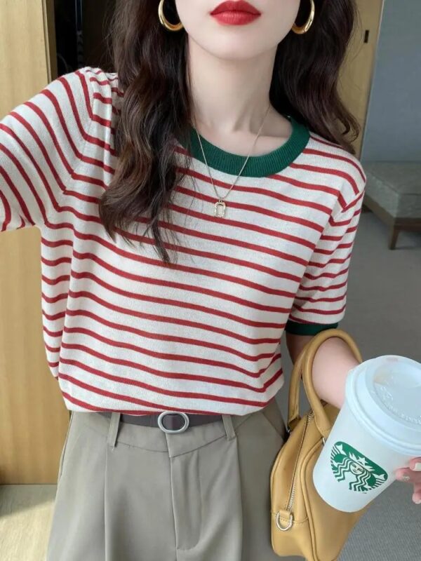 2025 Stripe Tops Women Knitted Round Collar Summer Print Short Sleeve Casual Simple Wild T-Shirt - Image 3