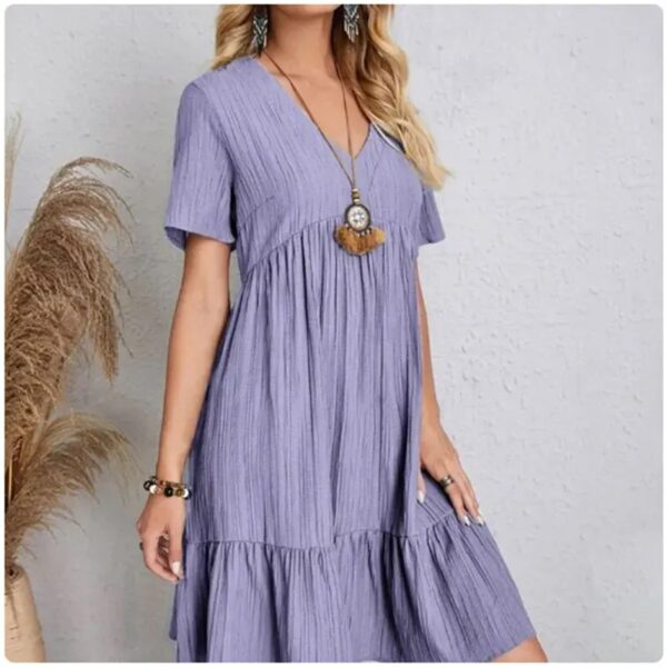 Women Summer Peplum Dresses Spring V-Neck Short Sleeve Loose Waist Ruffle Fit Flare Vocation Dresses - Image 5