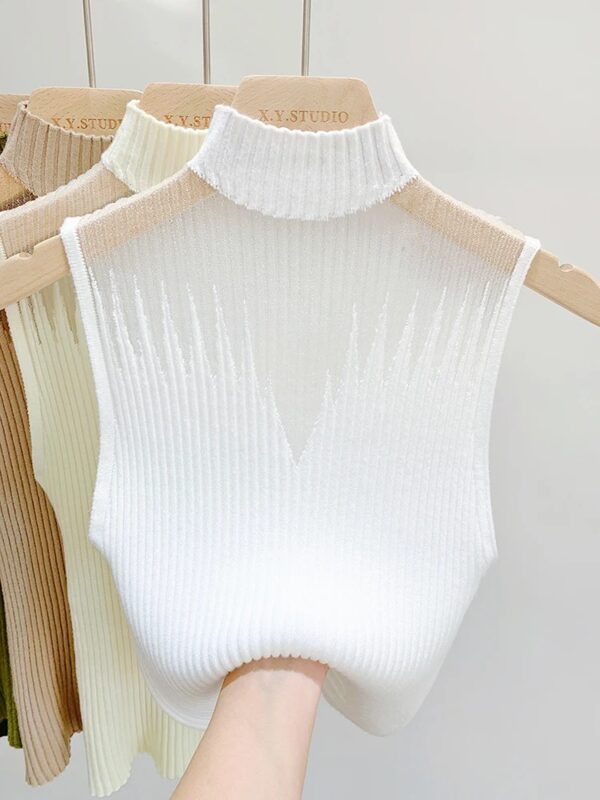 Mesh Knitted Top Women Y2K Tank Top Half Neck Vest Female Sleeveless Sweater Chic Cut Out Streetwear Solid Skinny Tube Top - Image 4