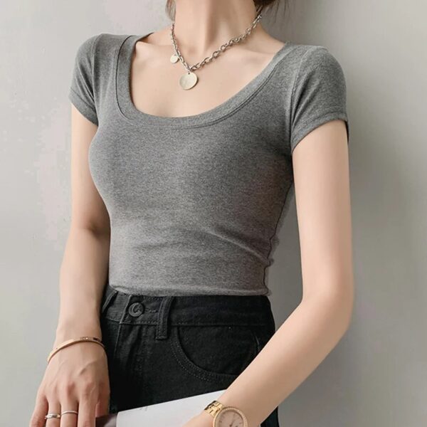 100% Cotton T Shirt Women Summer New Slim Solid Basic Tees Casual Tshirt Korean O Neck - Image 4