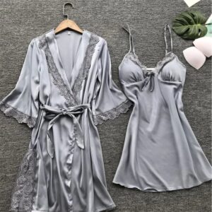 2PCS Female Lace Pajamas Set Satin Home Pyjamamas Lace Robe Sleep Suit V-Neck Wedding Nightwear Silk Dress Women Sleepwear