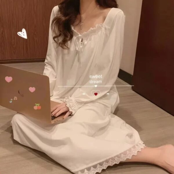 Long-Sleeved Princess Style Nightgown Women's Pajamas Lace Court Style Loose Large Size 2024 New Home Wear - Image 2