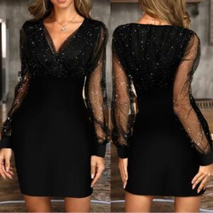Sexy V-Neck See Through Long Sleeve Dress Women Spring Autumn Party Mini Dresses vestidos cortos