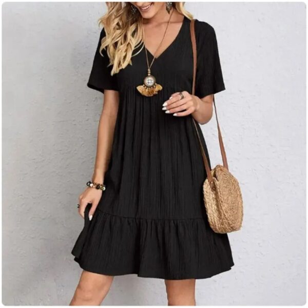 Women Summer Peplum Dresses Spring V-Neck Short Sleeve Loose Waist Ruffle Fit Flare Vocation Dresses - Image 4