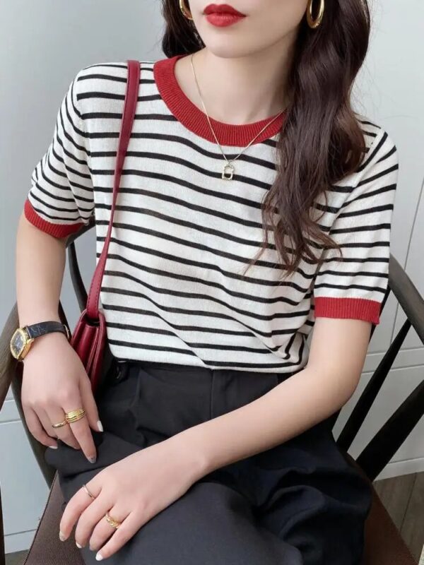 2025 Stripe Tops Women Knitted Round Collar Summer Print Short Sleeve Casual Simple Wild T-Shirt - Image 2